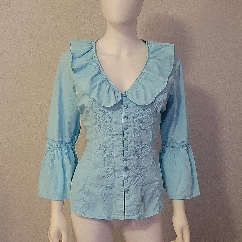 G DESIGNS Icy Blue Floral Embroidered Ruffle Bell Sleeve Button Down Shirt - Picture 3 of 10